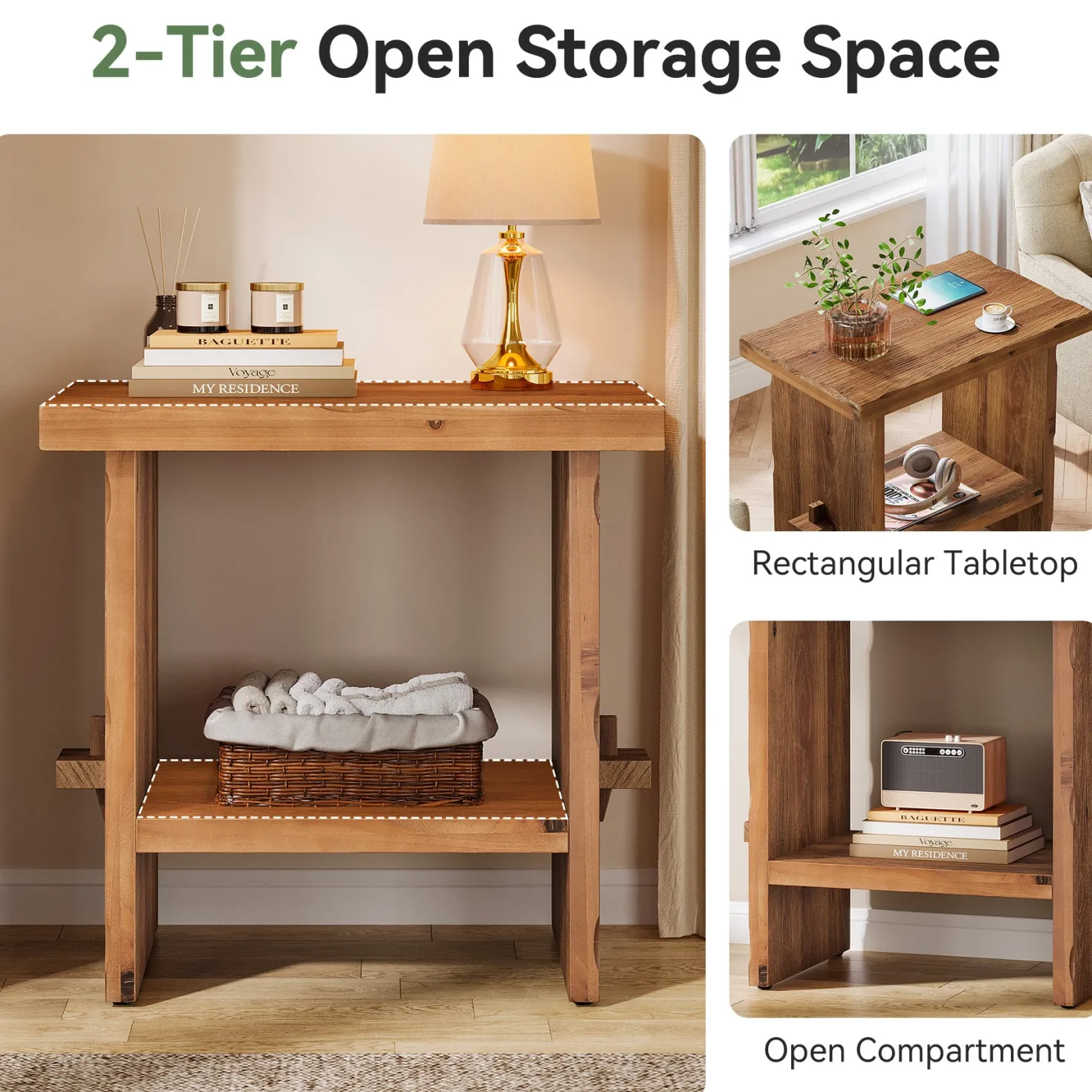 23.62-Inch Solid Wood Nightstand with Storage, Farmhouse Bedside Table with Wooden Base for Bedroom