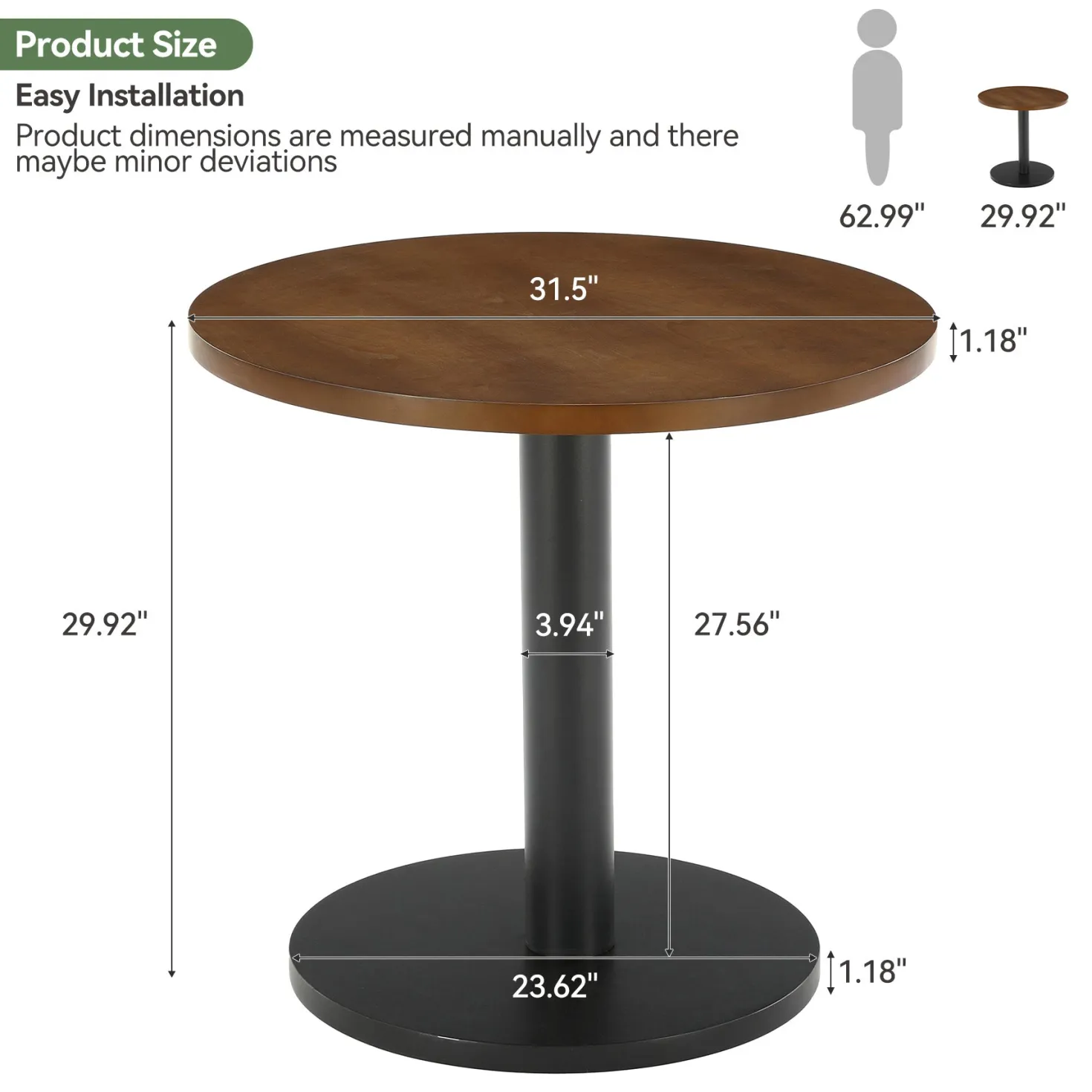 31.5-Inch Solid Wood Round Dining Table with Metal Pedestal Base, Small Kitchen Table for 2-4 People (Only Table)