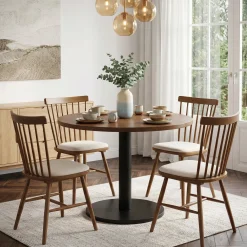 31.5-Inch Solid Wood Round Dining Table with Metal Pedestal Base, Small Kitchen Table for 2-4 People (Only Table)