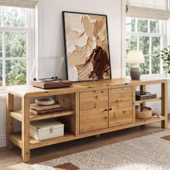 70.9-Inch Solid Wood TV Stand with Door and Storage Shelves, Farmhouse Entertainment Center for TVs up to 80 Inches