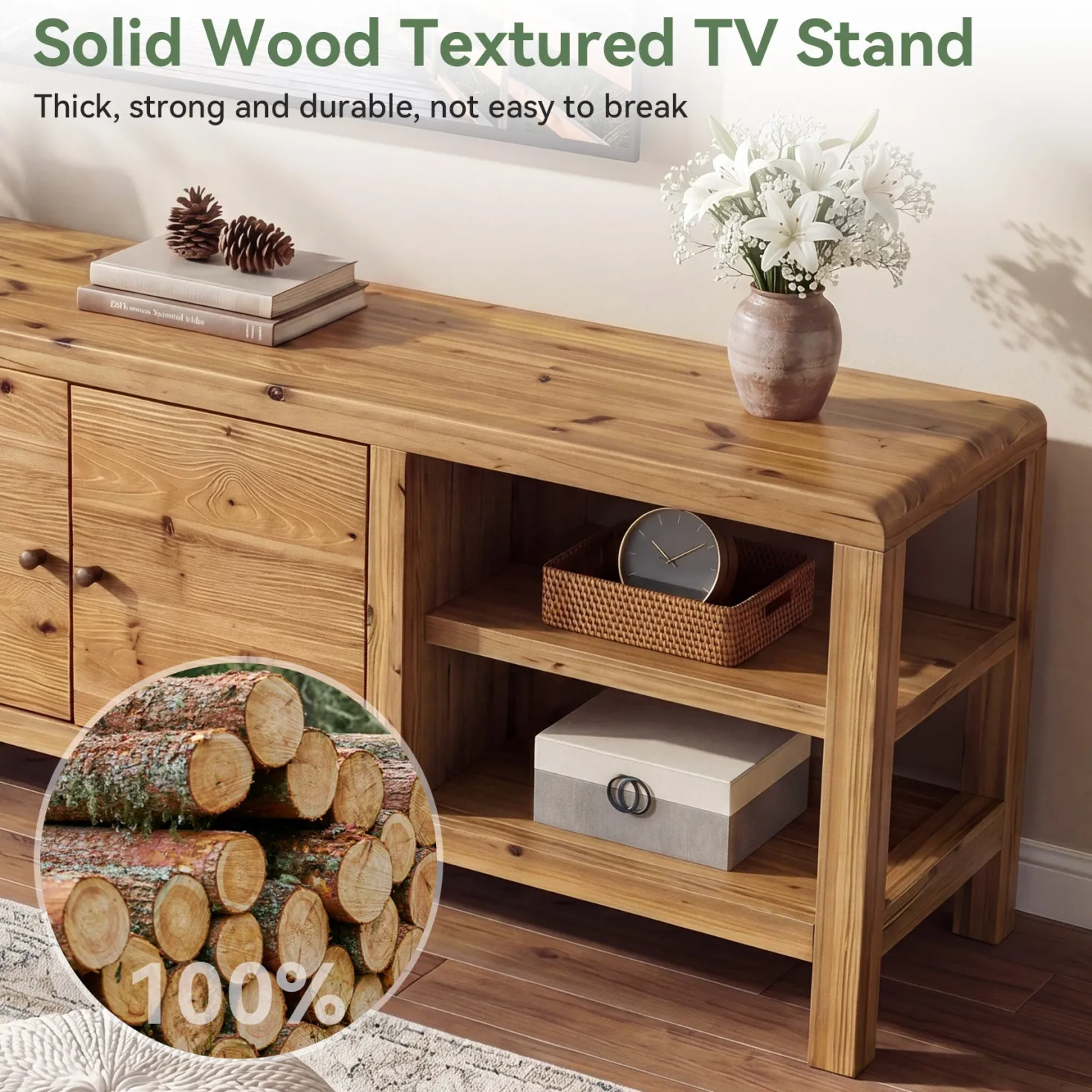 70.9-Inch Solid Wood TV Stand with Door and Storage Shelves, Farmhouse Entertainment Center for TVs up to 80 Inches