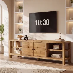 70.9-Inch Solid Wood TV Stand with Door and Storage Shelves, Farmhouse Entertainment Center for TVs up to 80 Inches
