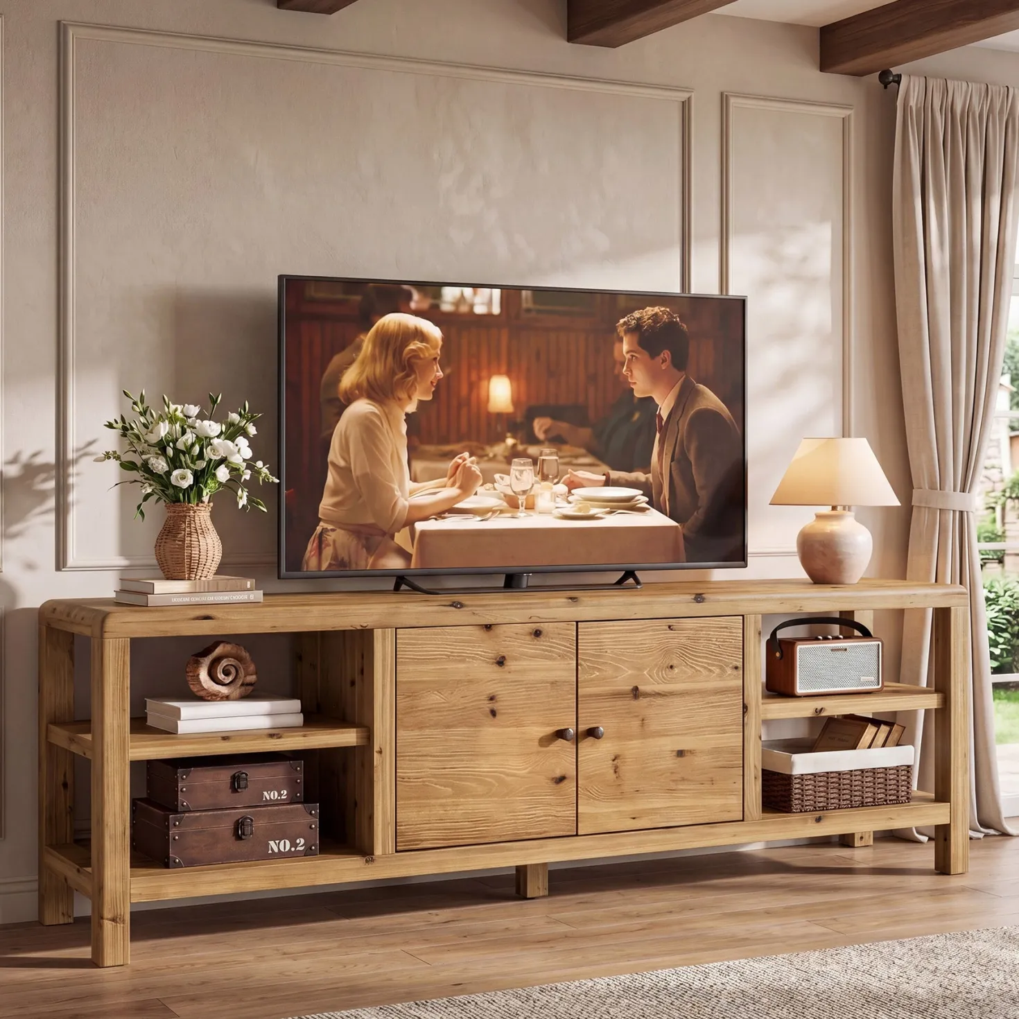 70.9-Inch Solid Wood TV Stand with Door and Storage Shelves, Farmhouse Entertainment Center for TVs up to 80 Inches