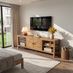 70.9-Inch Solid Wood TV Stand with Door and Storage Shelves, Farmhouse Entertainment Center for TVs up to 80 Inches