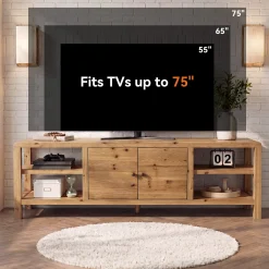 70.9-Inch Solid Wood TV Stand with Door and Storage Shelves, Farmhouse Entertainment Center for TVs up to 80 Inches