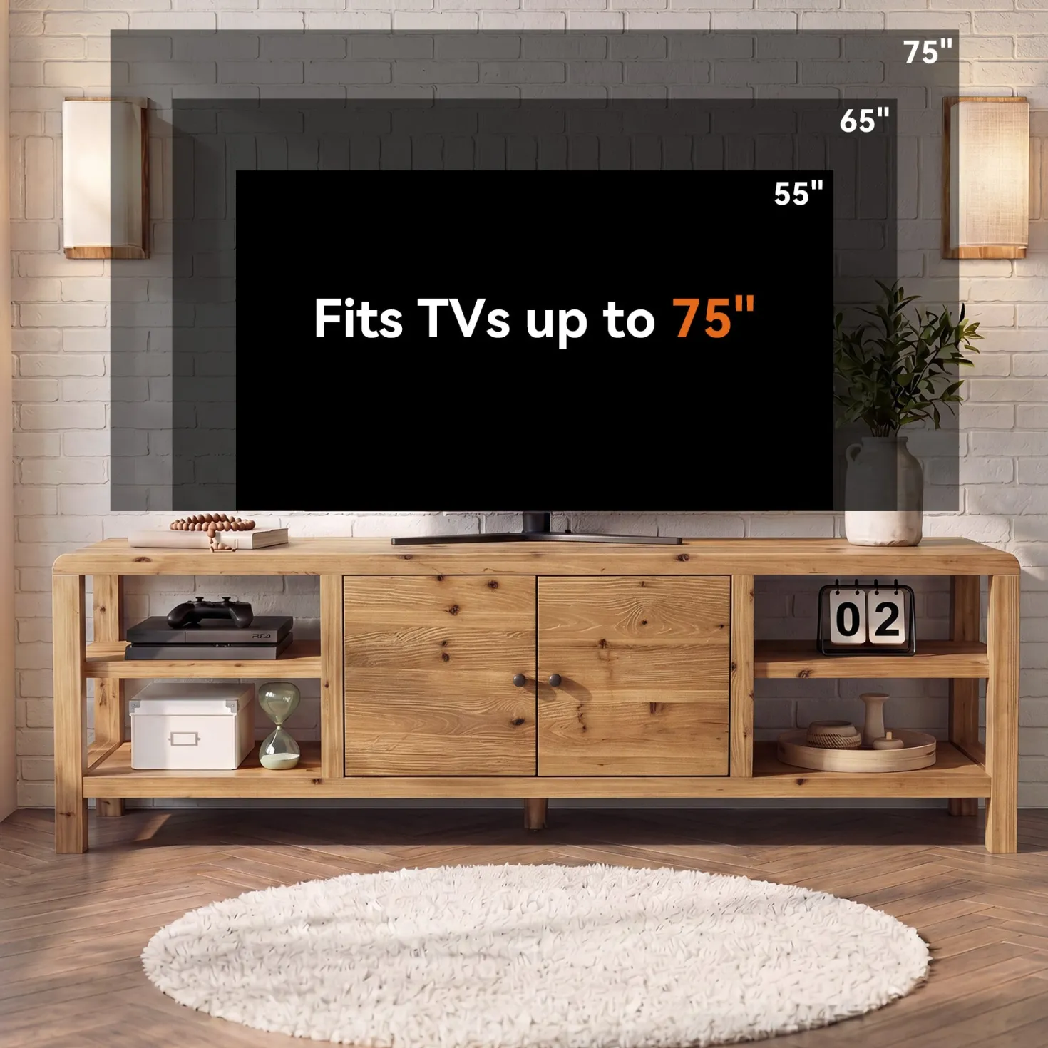 70.9-Inch Solid Wood TV Stand with Door and Storage Shelves, Farmhouse Entertainment Center for TVs up to 80 Inches