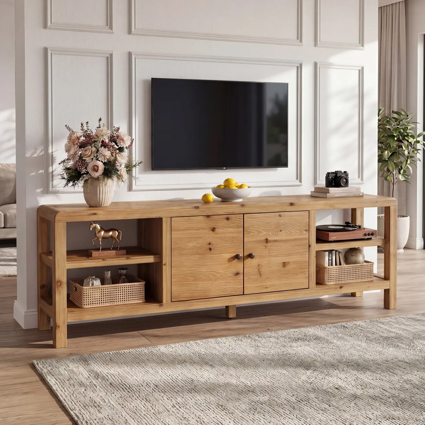 70.9-Inch Solid Wood TV Stand with Door and Storage Shelves, Farmhouse Entertainment Center for TVs up to 80 Inches