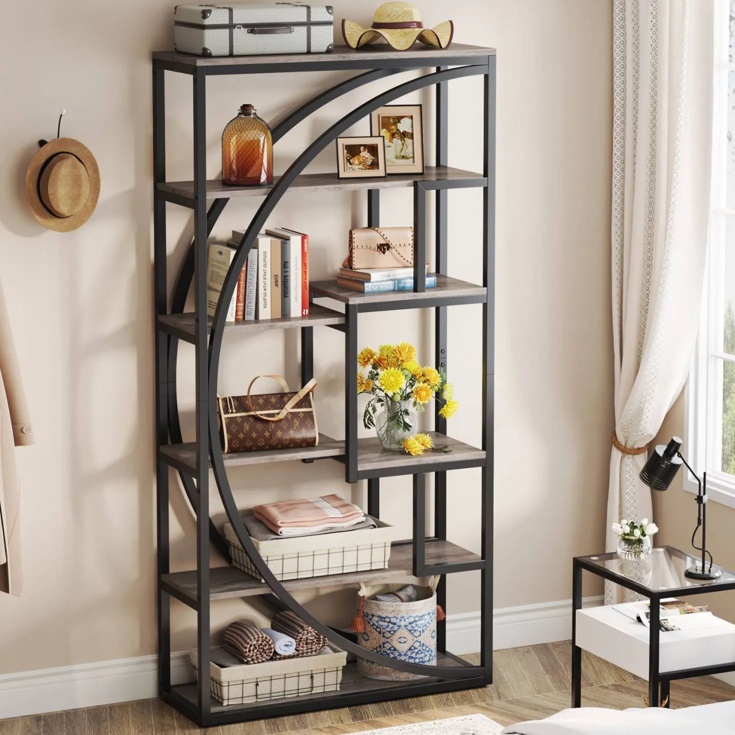 Industrial Bookshelf Bookcase with 8 Open Storage Shelf