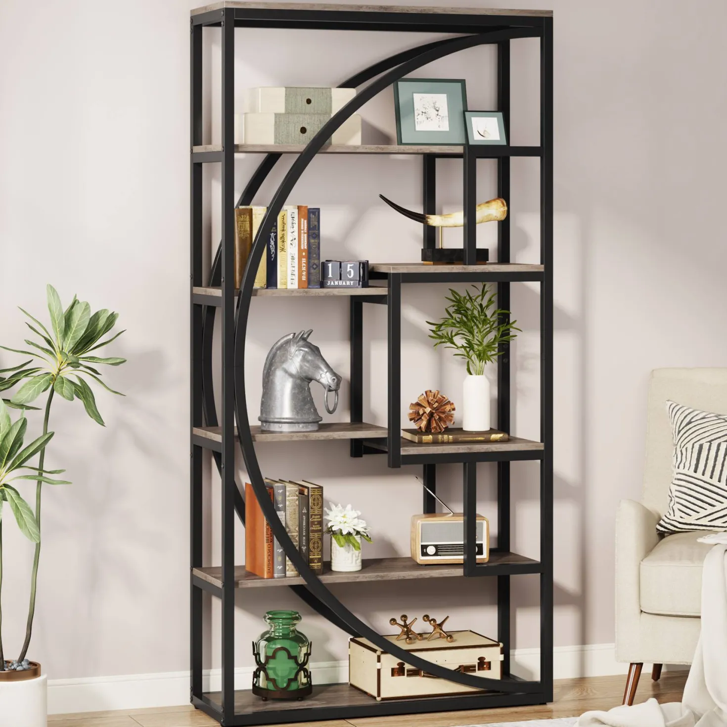Industrial Bookshelf Bookcase with 8 Open Storage Shelf