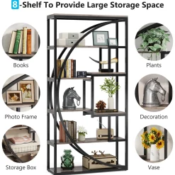 Industrial Bookshelf Bookcase with 8 Open Storage Shelf