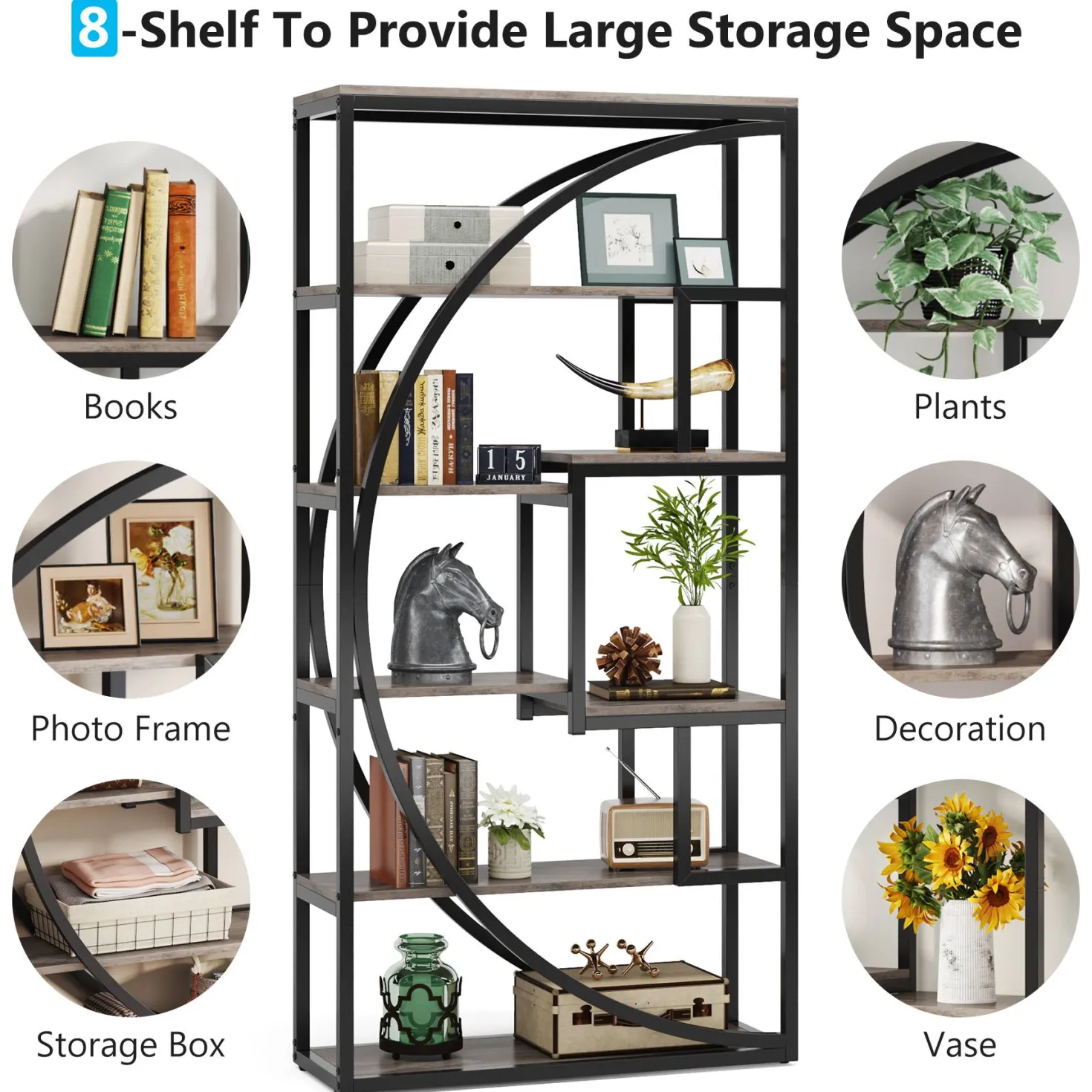 Industrial Bookshelf Bookcase with 8 Open Storage Shelf