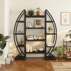Industrial Bookshelf, Oval Triple Wide Etagere Bookcases Display Shelves