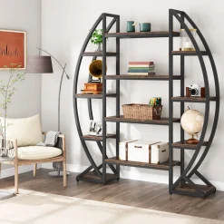 Industrial Bookshelf, Oval Triple Wide Etagere Bookcases Display Shelves