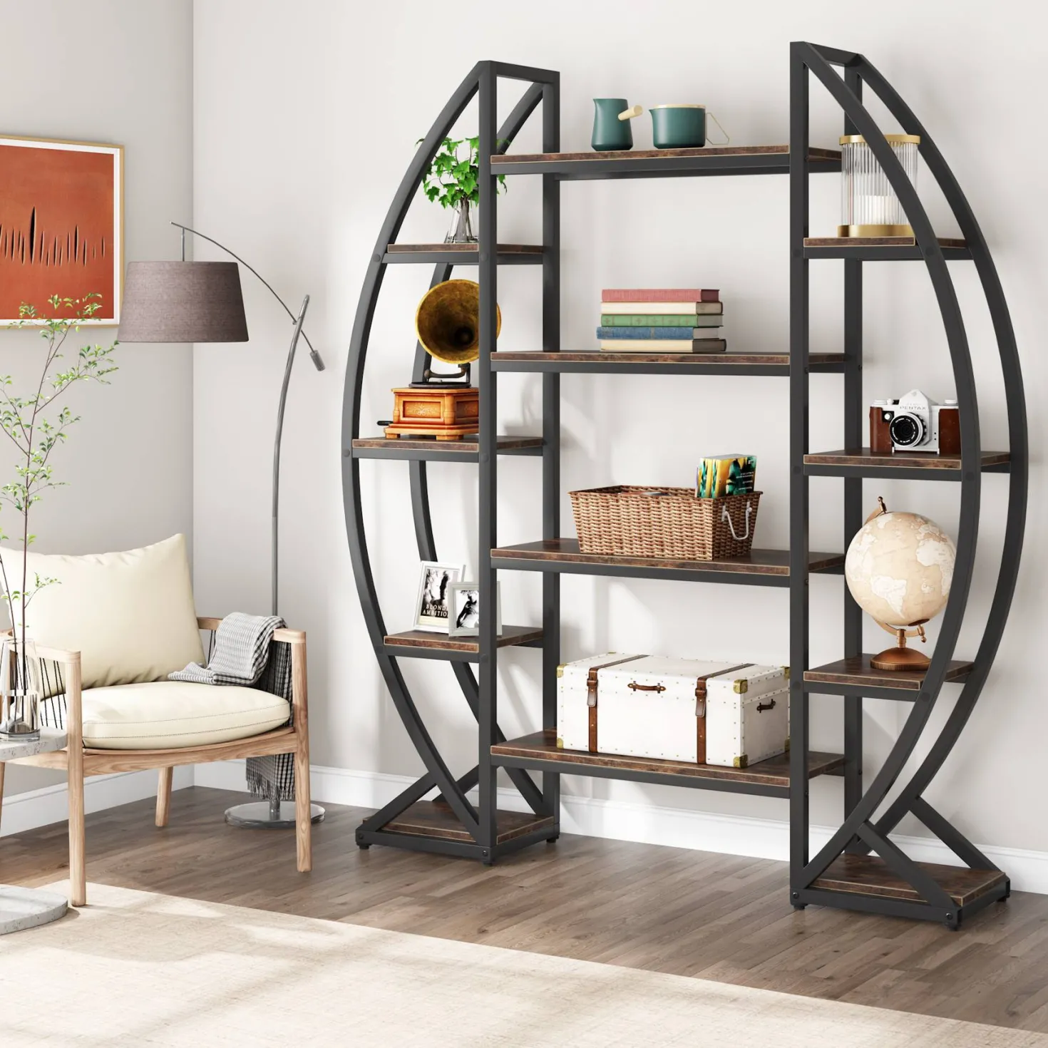 Industrial Bookshelf, Oval Triple Wide Etagere Bookcases Display Shelves