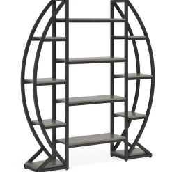 Industrial Bookshelf, Oval Triple Wide Etagere Bookcases Display Shelves