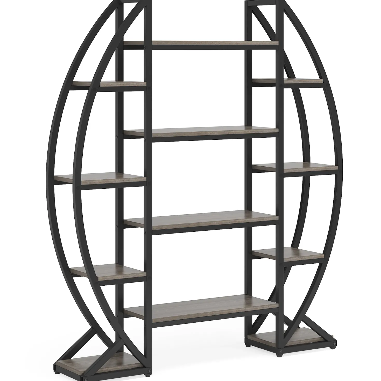 Industrial Bookshelf, Oval Triple Wide Etagere Bookcases Display Shelves