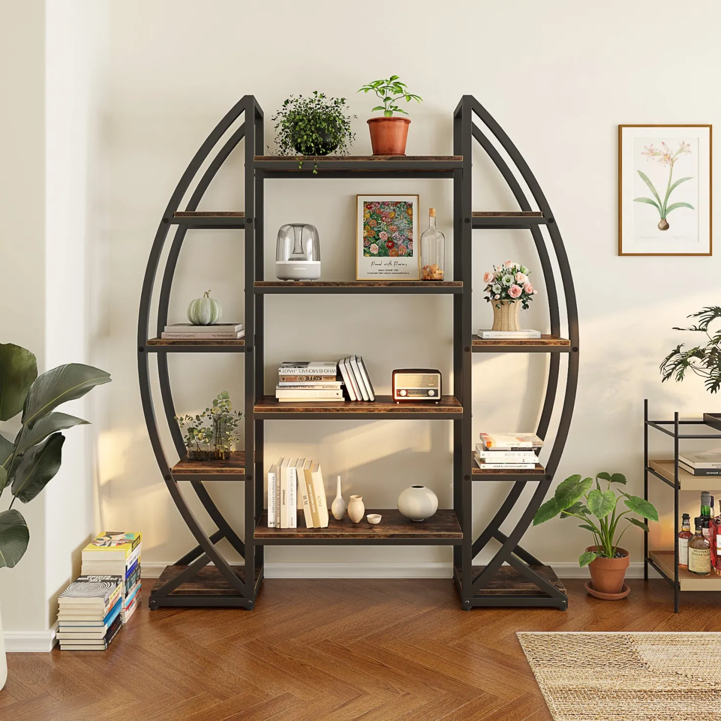 Industrial Bookshelf, Oval Triple Wide Etagere Bookcases Display Shelves