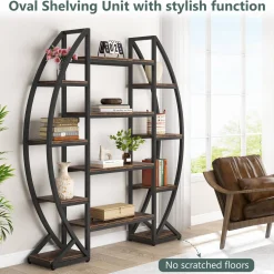 Industrial Bookshelf, Oval Triple Wide Etagere Bookcases Display Shelves