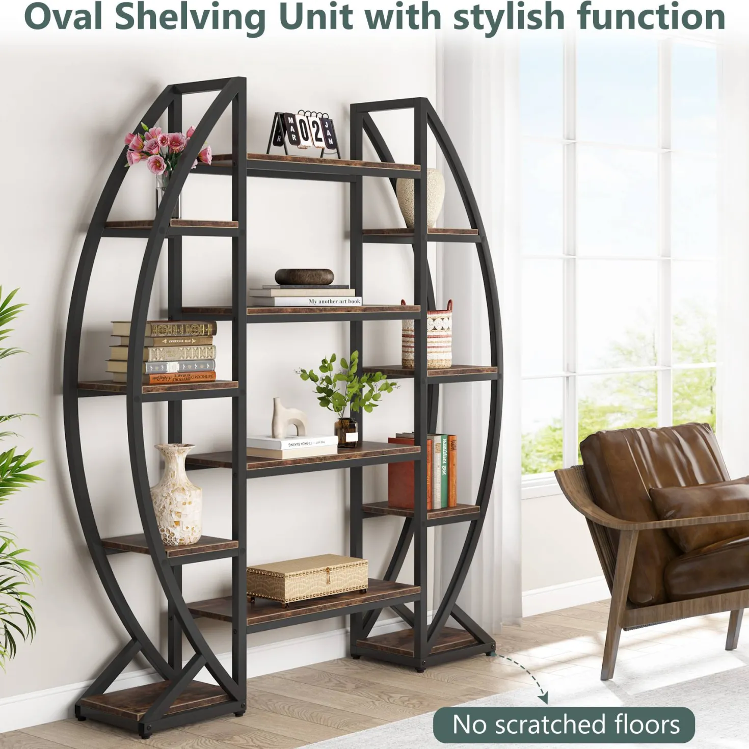 Industrial Bookshelf, Oval Triple Wide Etagere Bookcases Display Shelves