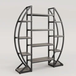 Industrial Bookshelf, Oval Triple Wide Etagere Bookcases Display Shelves