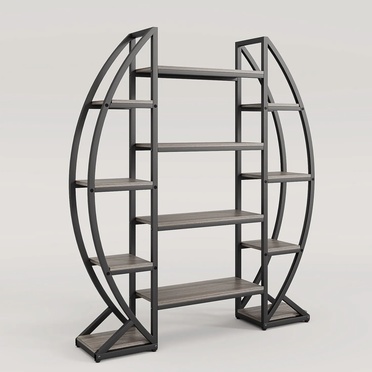 Industrial Bookshelf, Oval Triple Wide Etagere Bookcases Display Shelves
