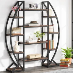 Industrial Bookshelf, Oval Triple Wide Etagere Bookcases Display Shelves