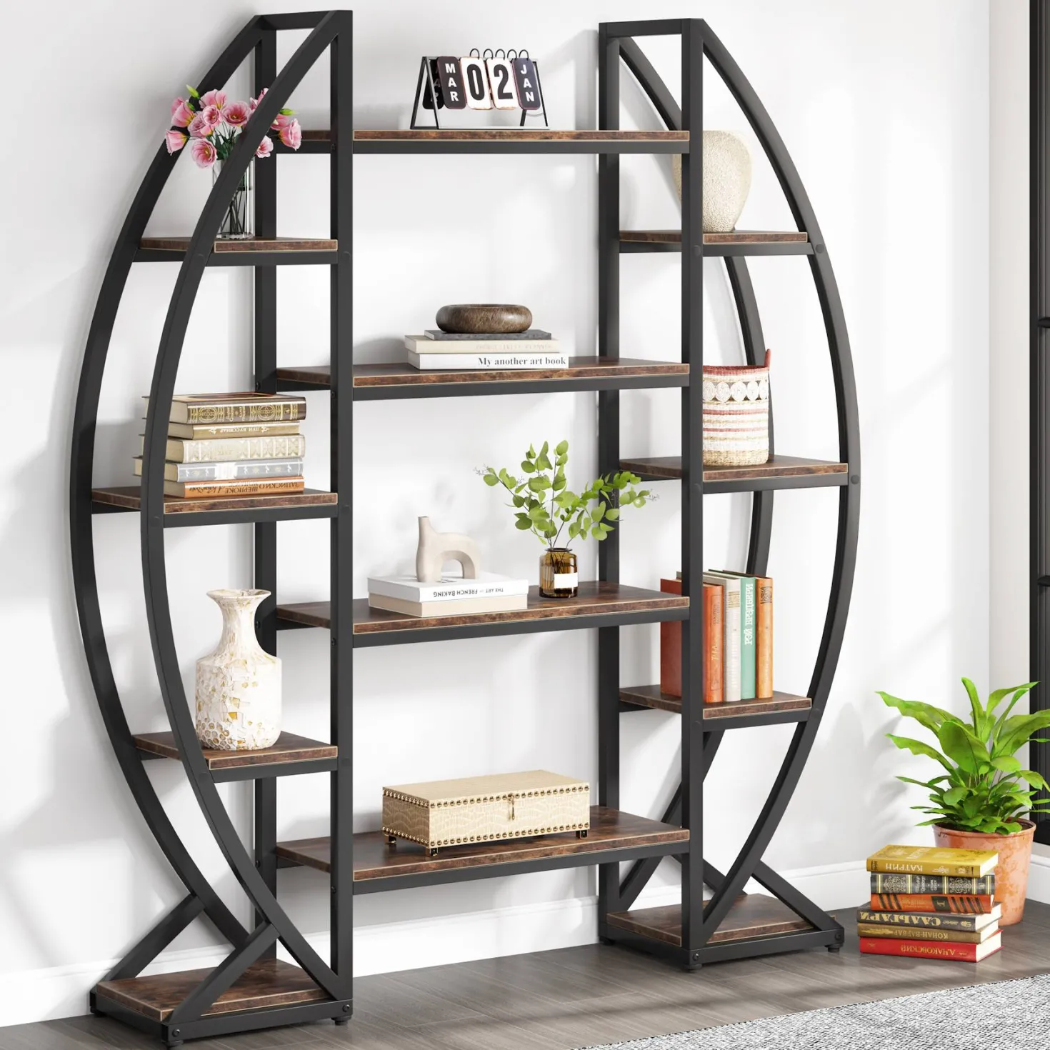 Industrial Bookshelf, Oval Triple Wide Etagere Bookcases Display Shelves