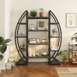 Industrial Bookshelf, Oval Triple Wide Etagere Bookcases Display Shelves