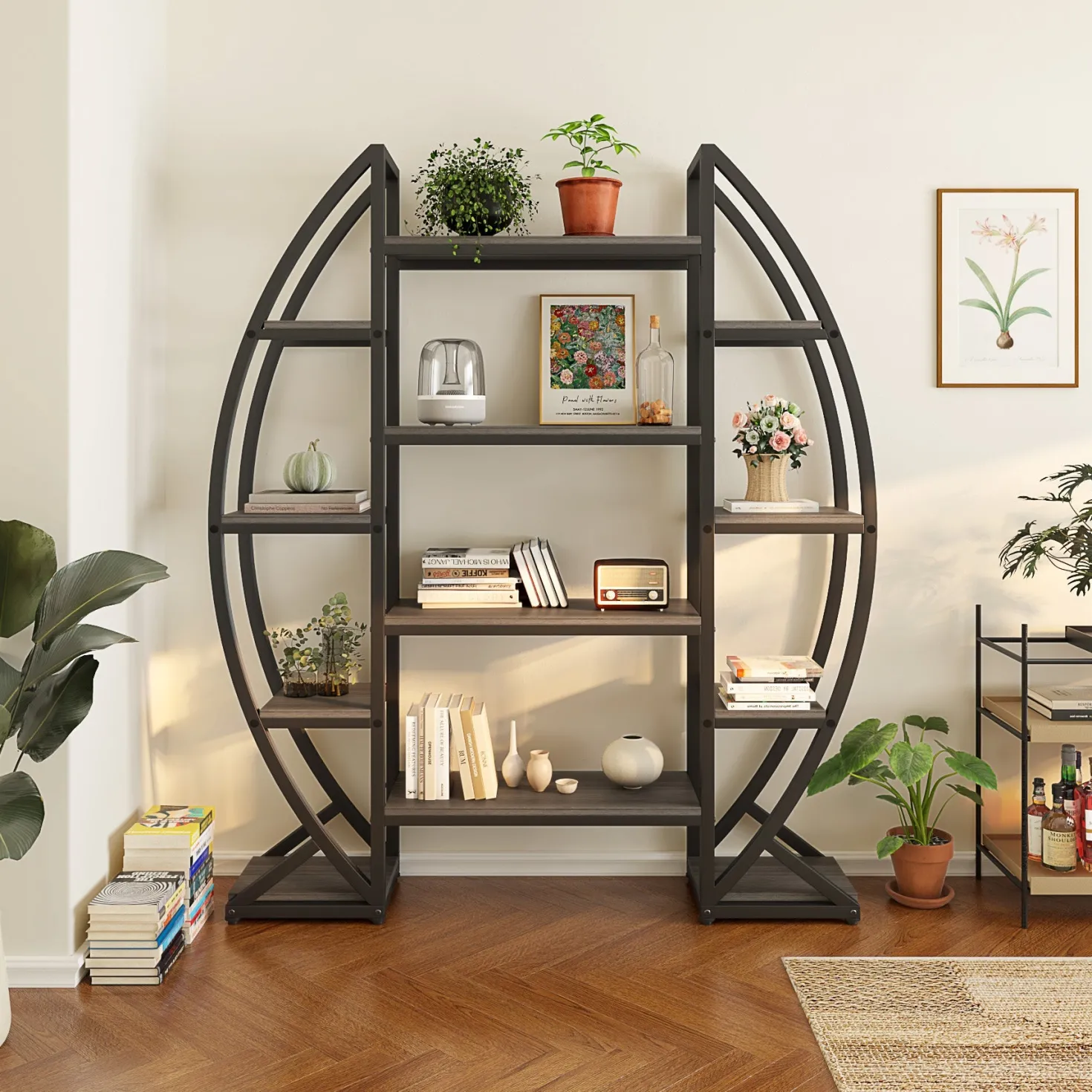 Industrial Bookshelf, Oval Triple Wide Etagere Bookcases Display Shelves