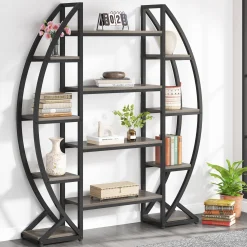 Industrial Bookshelf, Oval Triple Wide Etagere Bookcases Display Shelves