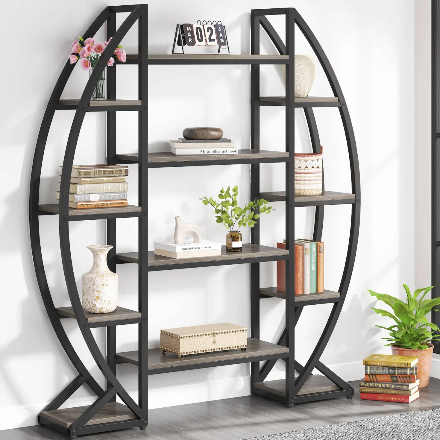 Industrial Bookshelf, Oval Triple Wide Etagere Bookcases Display Shelves