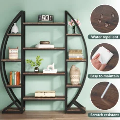 Industrial Bookshelf, Oval Triple Wide Etagere Bookcases Display Shelves
