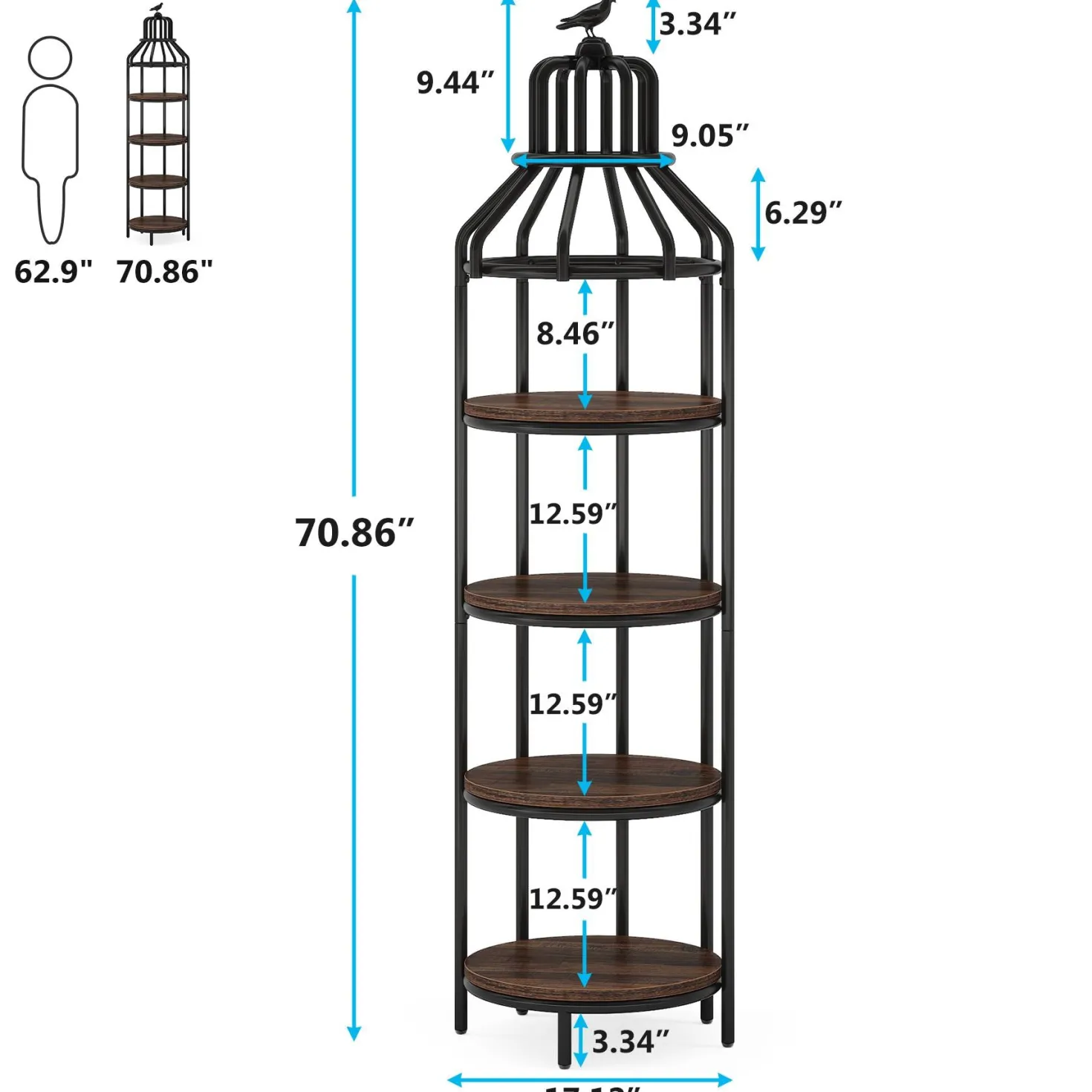 Industrial Bookshelf, 4-Tier Etagere Bookcase with Bird Cage Design