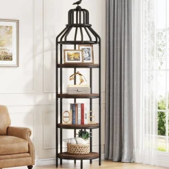 Industrial Bookshelf, 4-Tier Etagere Bookcase with Bird Cage Design