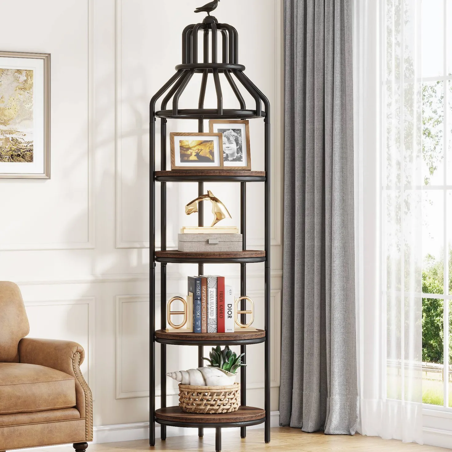 Industrial Bookshelf, 4-Tier Etagere Bookcase with Bird Cage Design