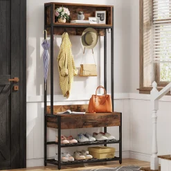 Industrial Coat Rack Shoe Bench, Entryway Hall Tree with Drawer & Hooks