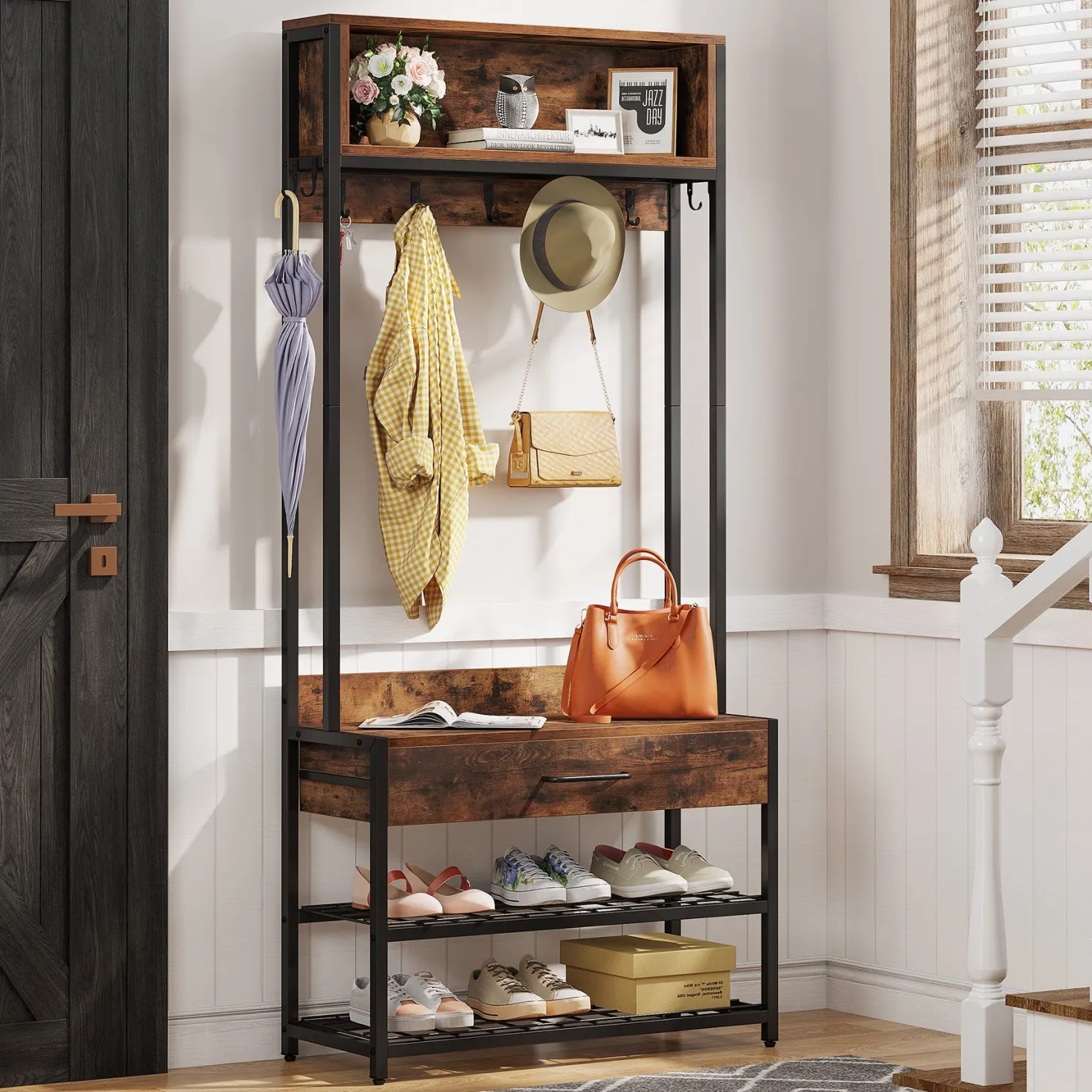 Industrial Coat Rack Shoe Bench, Entryway Hall Tree with Drawer & Hooks