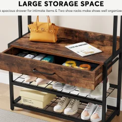 Industrial Coat Rack Shoe Bench, Entryway Hall Tree with Drawer & Hooks