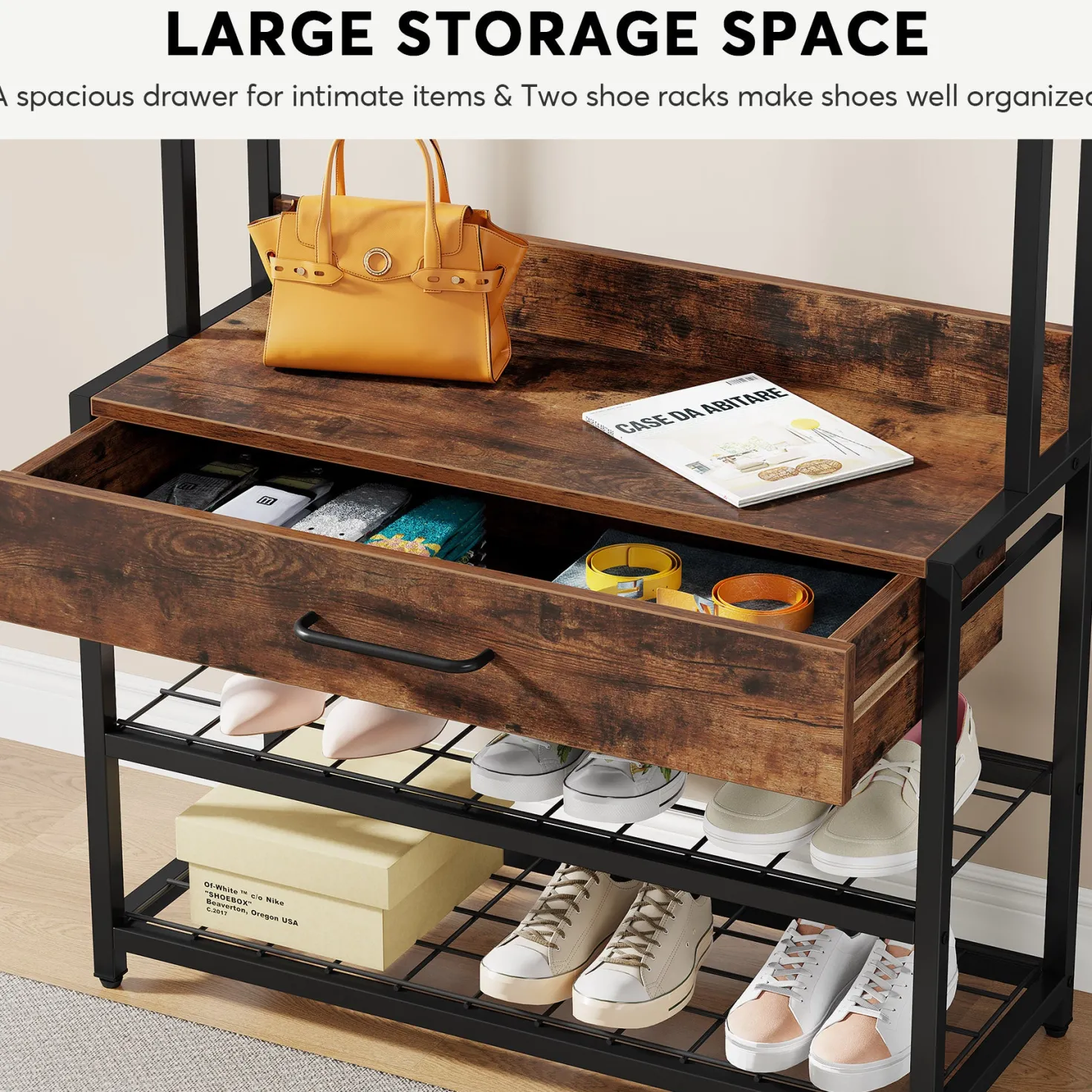 Industrial Coat Rack Shoe Bench, Entryway Hall Tree with Drawer & Hooks