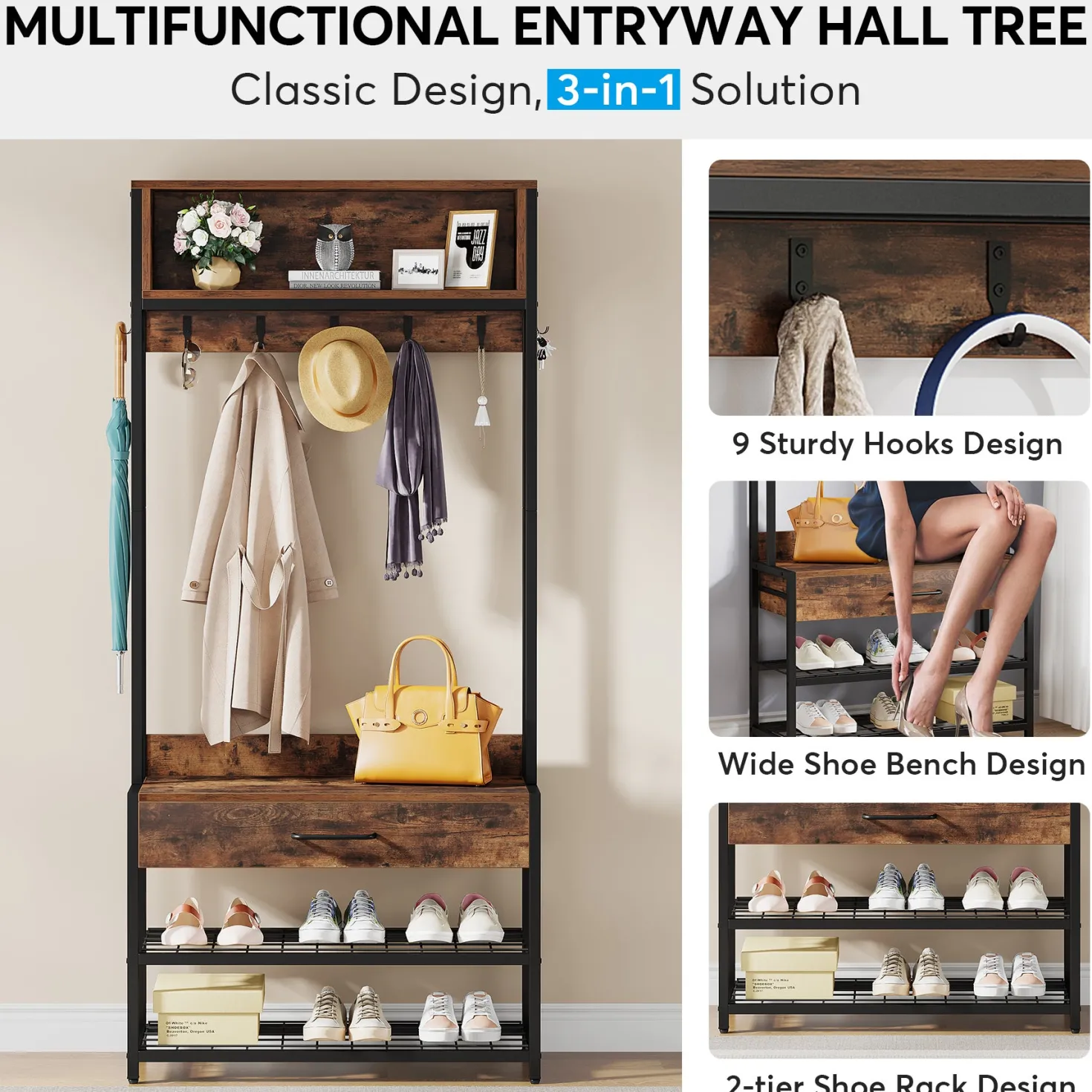 Industrial Coat Rack Shoe Bench, Entryway Hall Tree with Drawer & Hooks