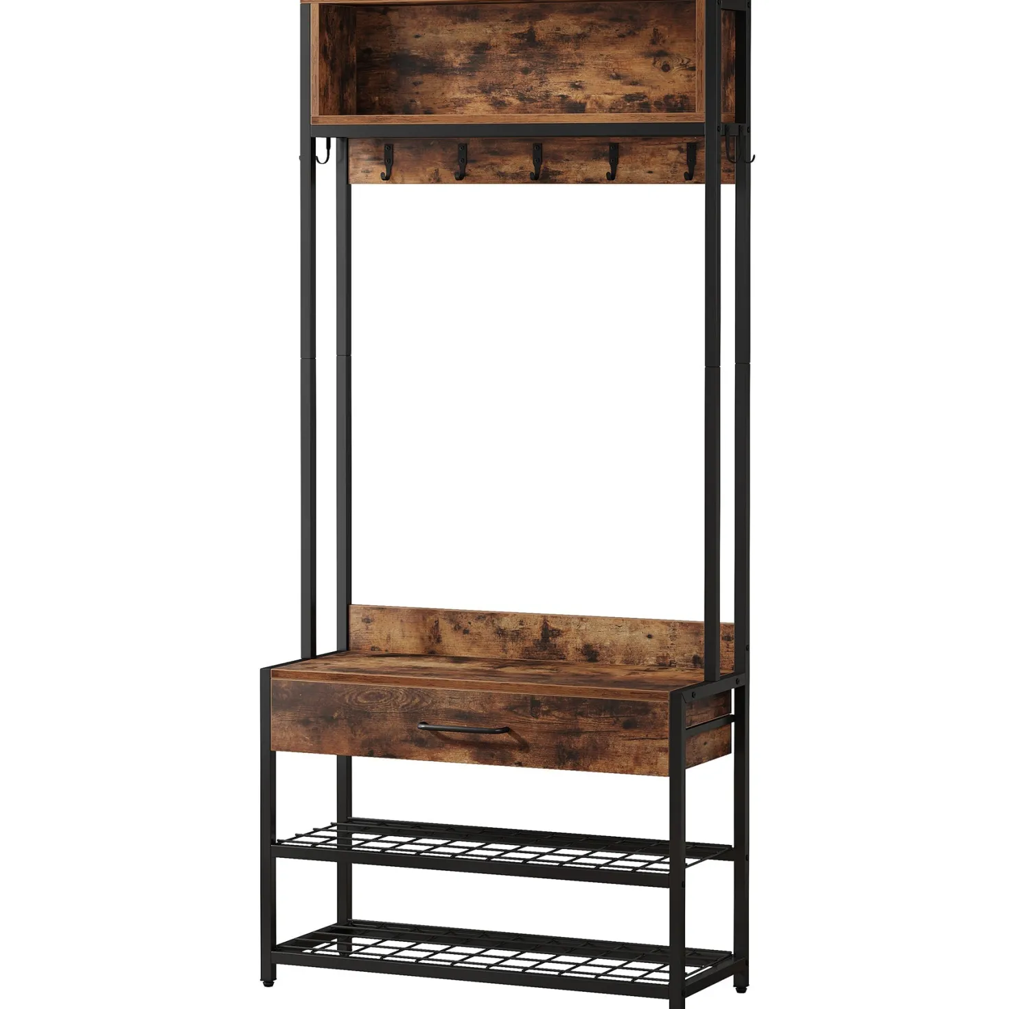 Industrial Coat Rack Shoe Bench, Entryway Hall Tree with Drawer & Hooks