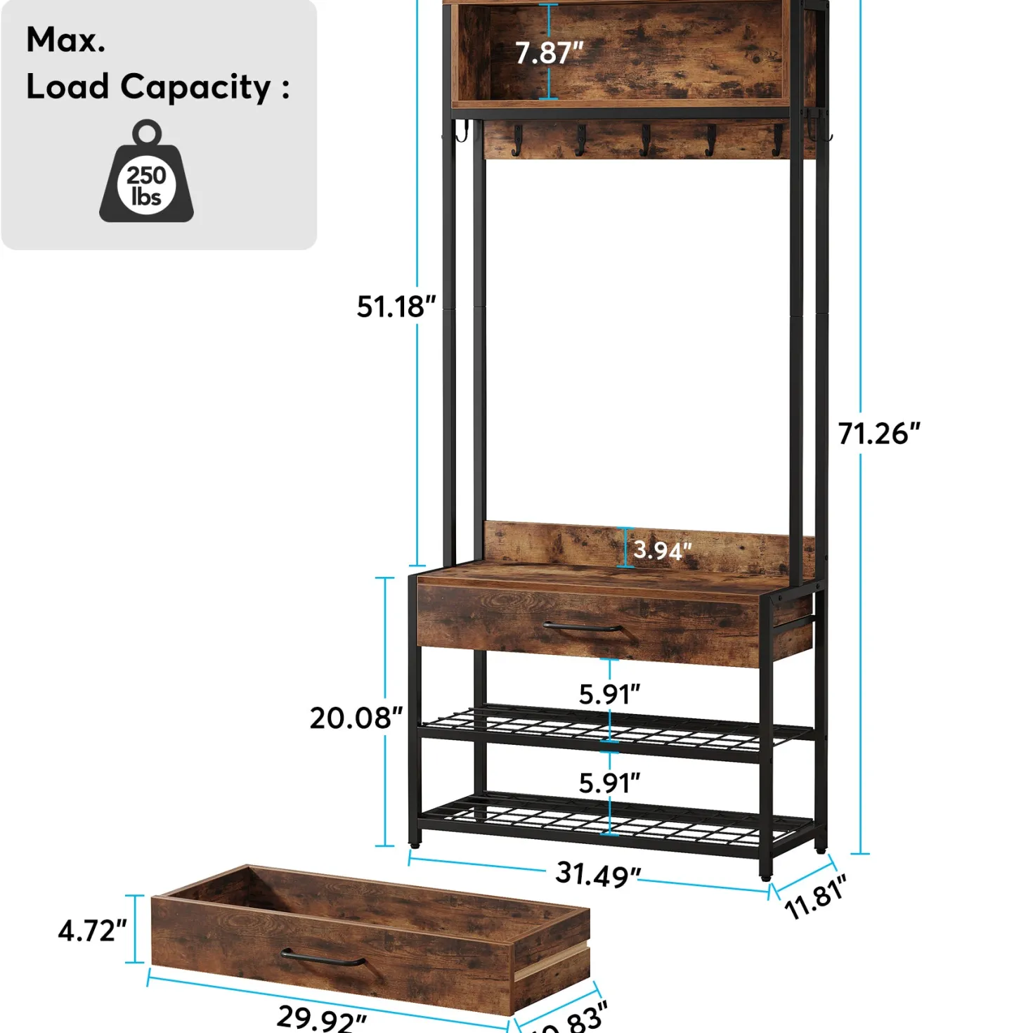 Industrial Coat Rack Shoe Bench, Entryway Hall Tree with Drawer & Hooks