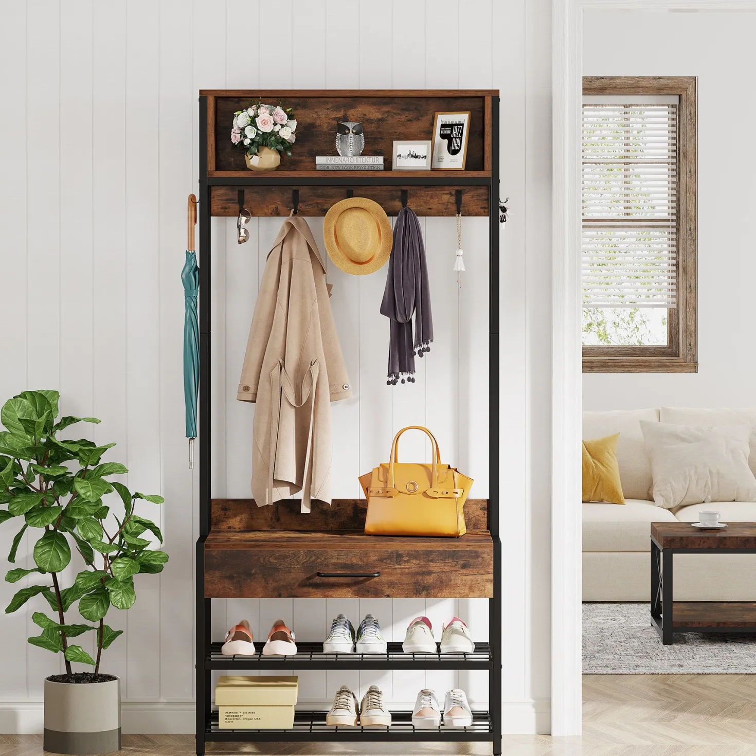 Industrial Coat Rack Shoe Bench, Entryway Hall Tree with Drawer & Hooks