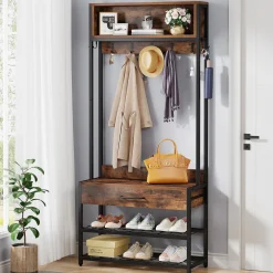 Industrial Coat Rack Shoe Bench, Entryway Hall Tree with Drawer & Hooks