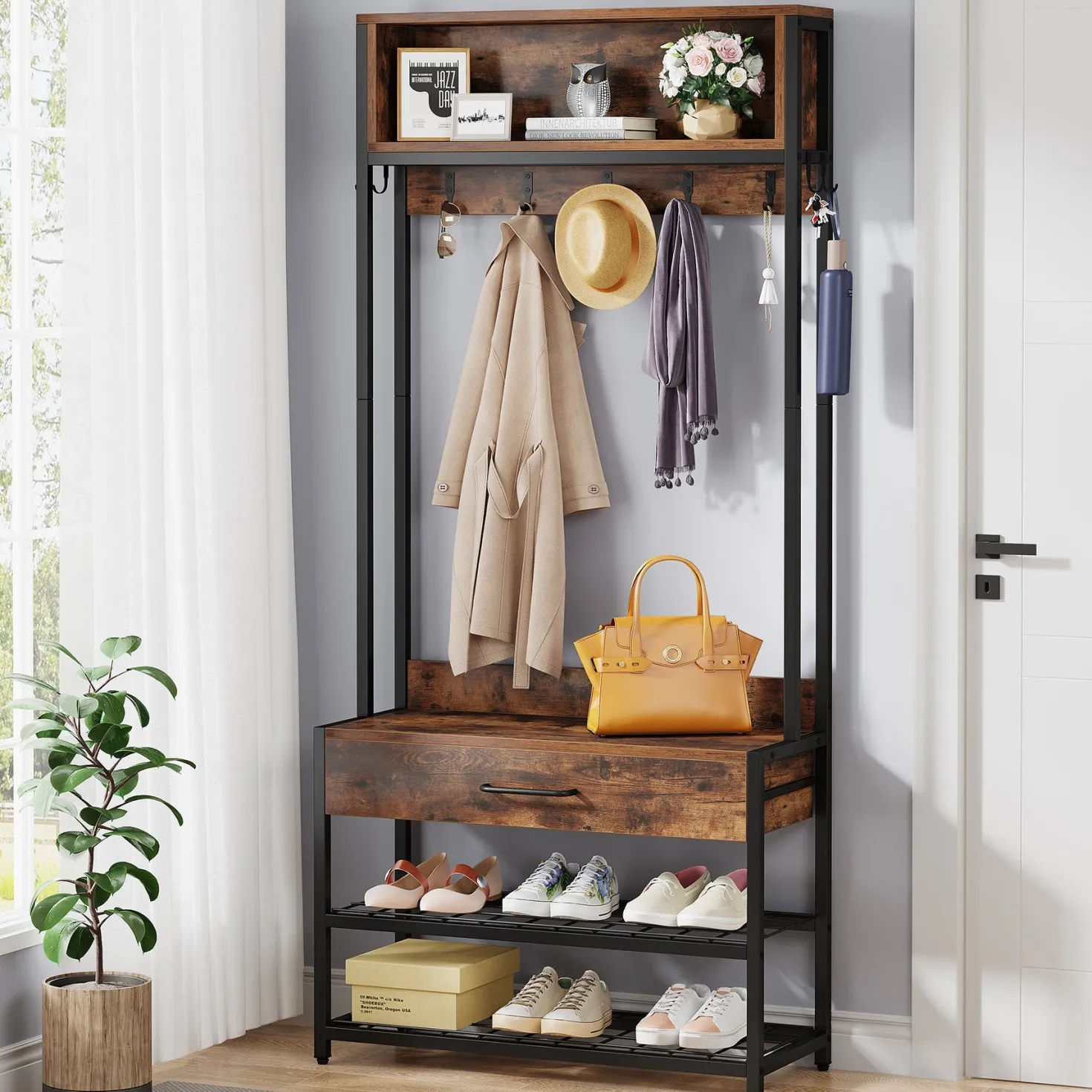 Industrial Coat Rack Shoe Bench, Entryway Hall Tree with Drawer & Hooks