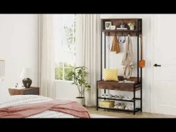 Industrial Coat Rack Shoe Bench, Entryway Hall Tree with Drawer & Hooks