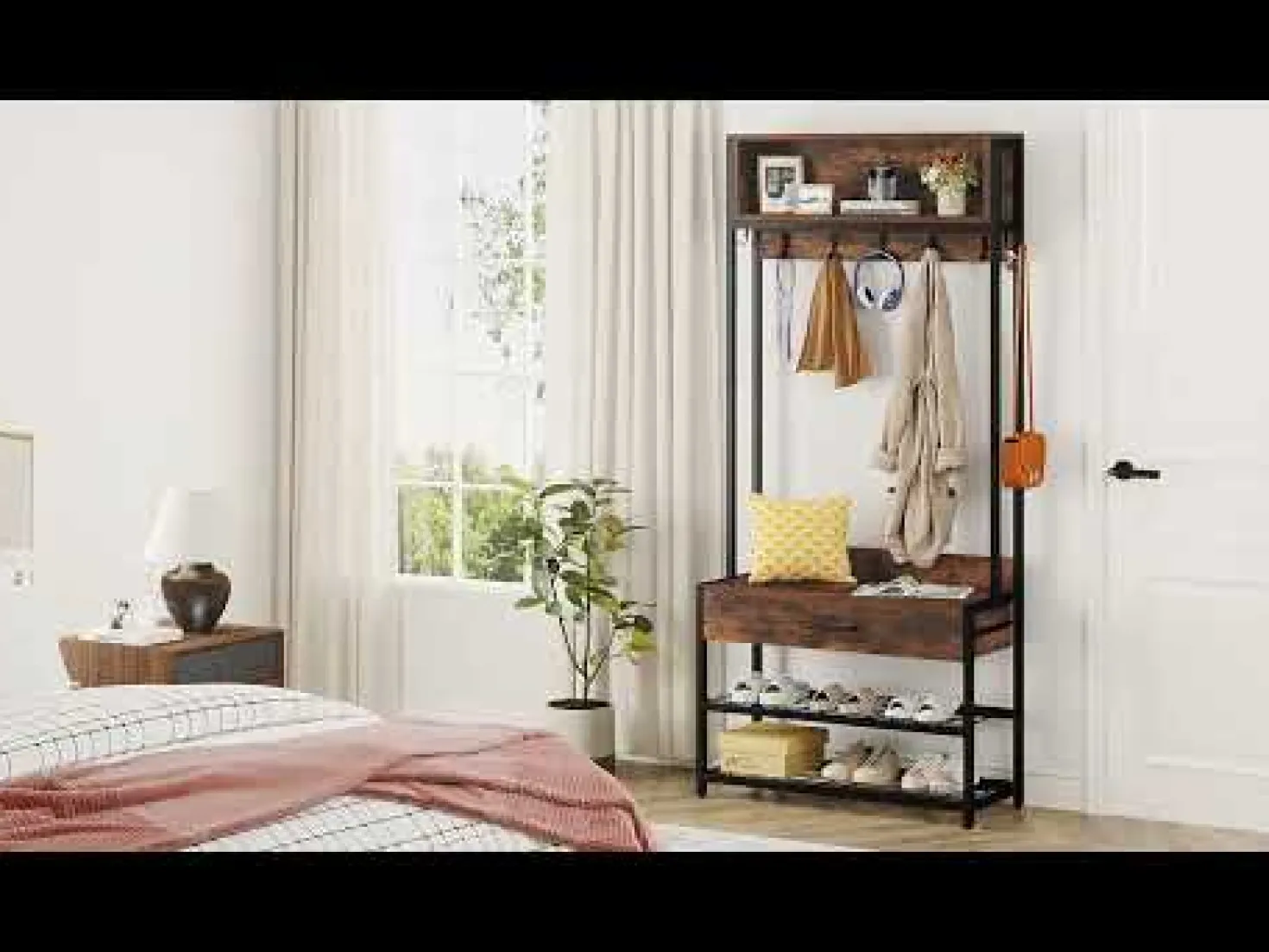 Industrial Coat Rack Shoe Bench, Entryway Hall Tree with Drawer & Hooks