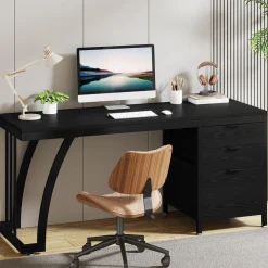 Industrial Computer Desk, 59" Study Desk with Reversible Drawer Cabinet