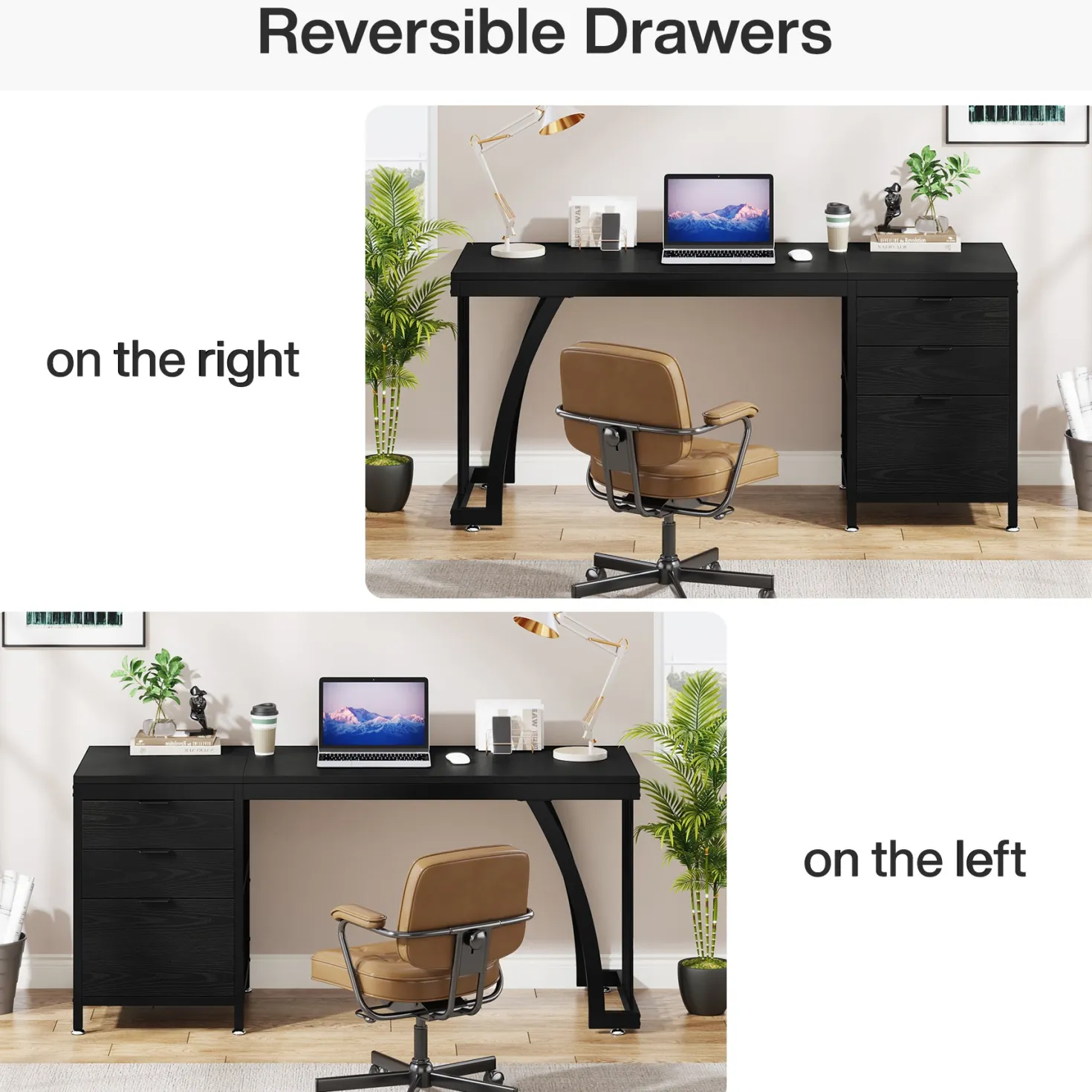 Industrial Computer Desk, 59" Study Desk with Reversible Drawer Cabinet