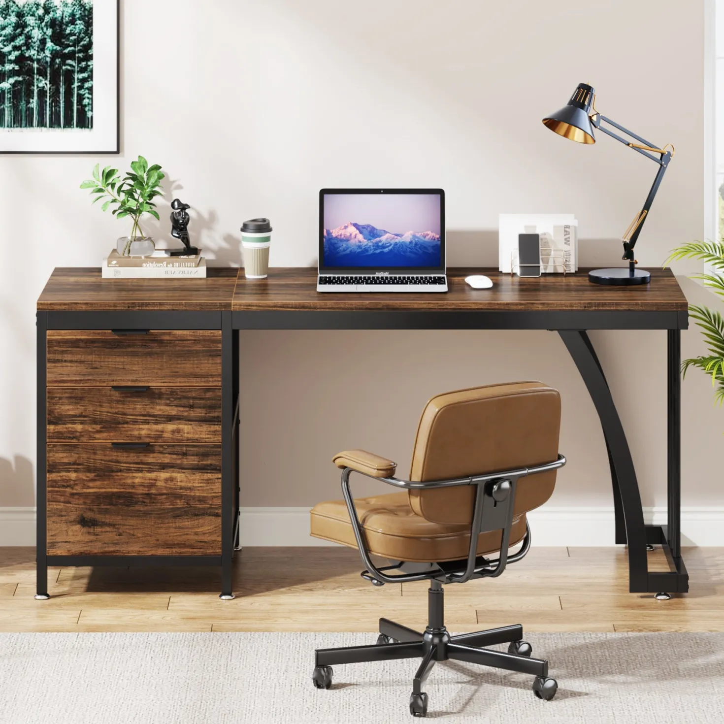 Industrial Computer Desk, 59" Study Desk with Reversible Drawer Cabinet